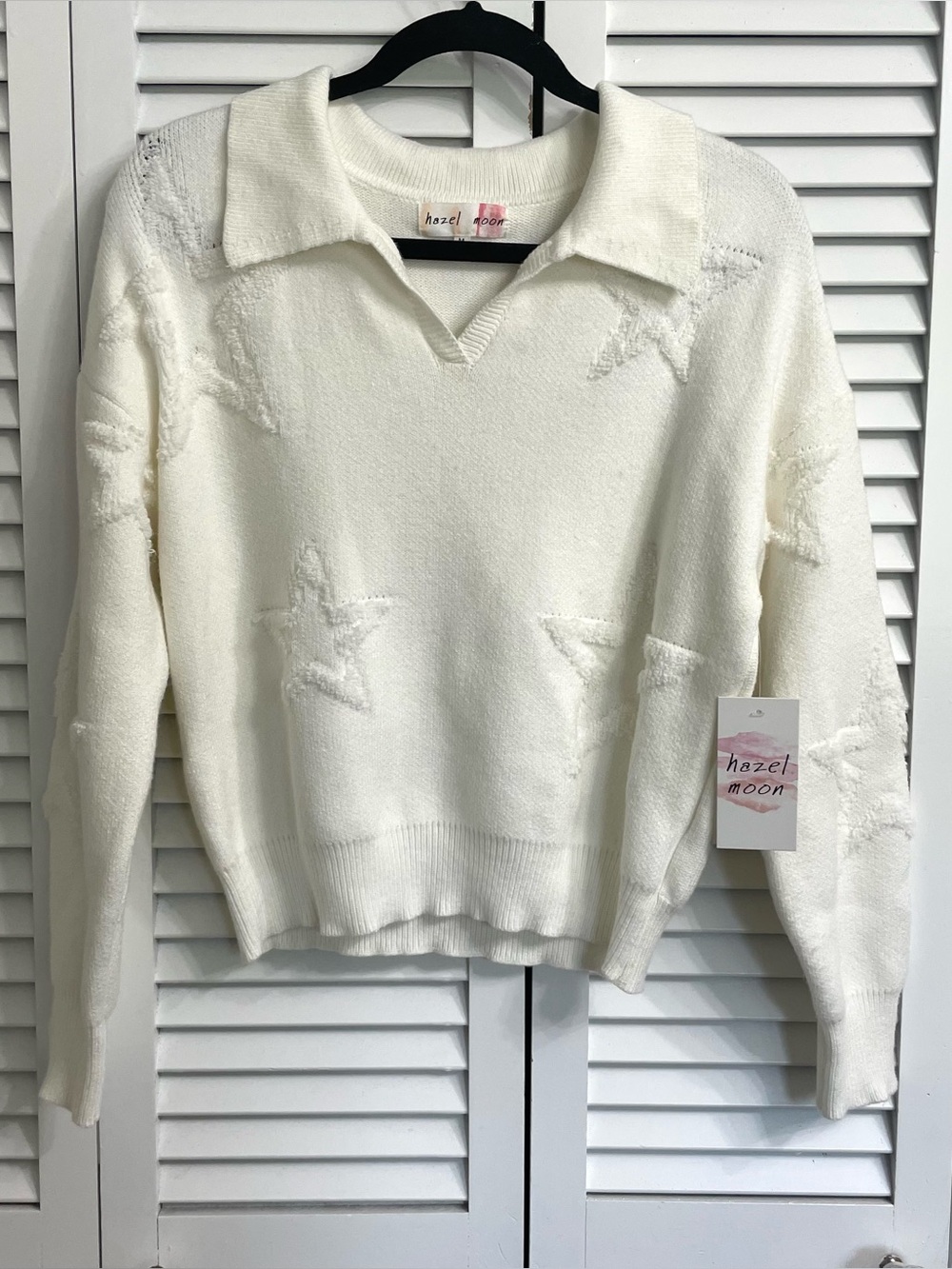 NWT Hazel Moon Cropped White Polo Sweater W/ Stars Soft Sz M Nautical Preppy